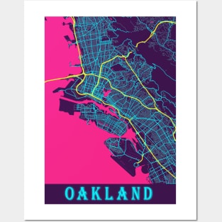 Oakland Neon City Map, Oakland Minimalist City Map Art Print Posters and Art